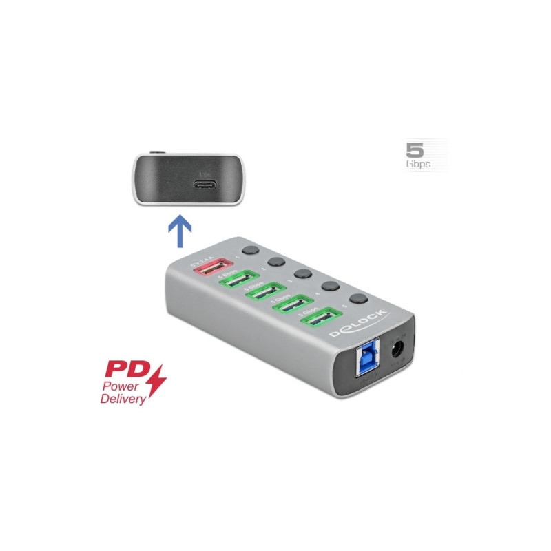Hub USB 3.2 Gen 1 avec 4 ports + 1 port de chargement rapide + 1 port USB-C PD 3.0 avec interrupteur et voyant