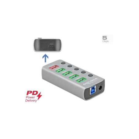 Hub USB 3.2 Gen 1 avec 4 ports + 1 port de chargement rapide + 1 port USB-C PD 3.0 avec interrupteur et voyant Delock