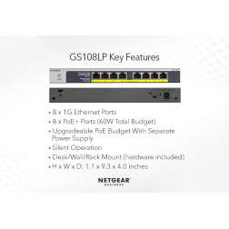 NETGEAR Switch Ethernet PoE+ 8 Ports RJ45 Gigabit (10/100/1000) , switch RJ45 avec 8 Ports PoE+ 60W NETGEAR