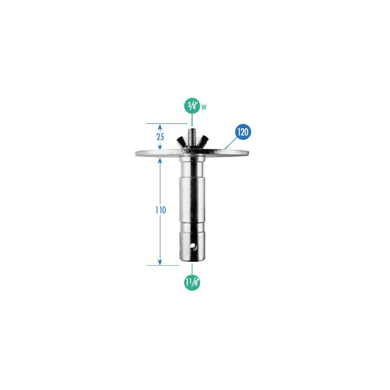 163-38 - Spigot 5/8" with plate 12 Cm and screw 3/8" 163-38 - Spigot 5/8" with plate 12 Cm and screw 3/8"