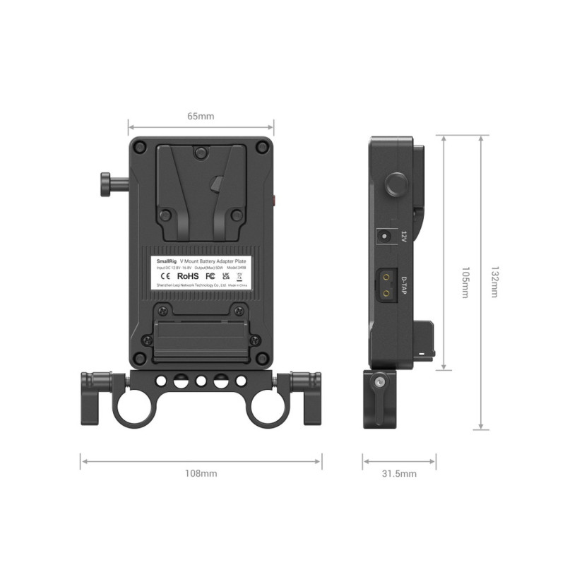 SmallRig 3498 V Mount Battery Adapter Plate (Basic Version) with Dual Rod Clamp