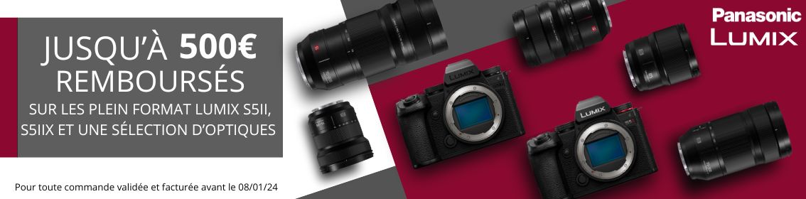 Jusqu'à 400€ de remboursés sur les plein format Lumix S5II, S5IIX et une selction d'optiques jusu'au 8 Janvier 2024